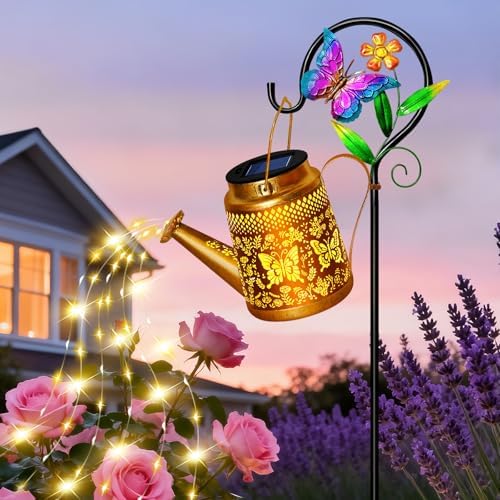 Solar Watering Can Lights Outdoor Garden Decor, Large Butterfly Hanging Lantern with Shepherd Hook, Waterproof Garden Lights for Outdoor Landscape Pathway Yard, Mom Grandma Gifts 1pcs by ZFNN