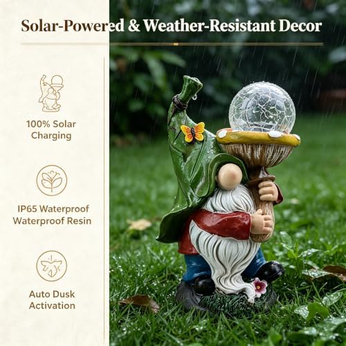 Solar Lights Outdoor Gnome Mushroom, Crackle Glass Statue, Garden Decor - Image 6
