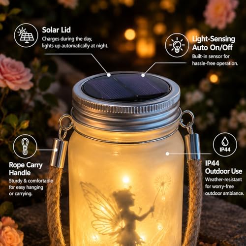 Solar Mason Jar Lights, Glass Hanging Fairy Lantern with Warm White or Multicolor Glow, Solar Garden Decor for Patio Yard Porch Outdoor Ambiance (Style 1) - Image 5