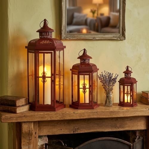 JHY DESIGN Set of 3 Decorative Candle Lanterns 20"&14"&10" H Outdoor Candle Lanterns Vintage Metal Candle Holders for Indoor, Outdoor, Parities, Garden, Porch(Red with Black Brush) by JHYDESIGN