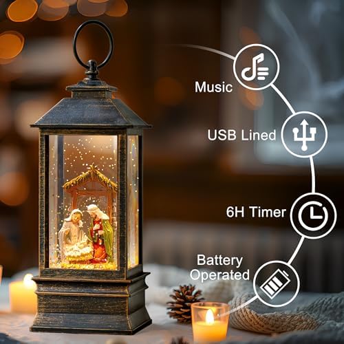 Christmas Snow Globe Water Lantern with Nativity Scene Battery Operated or USB Powered Musical Lighted Holiday Decoration for Tabletop Display for Family and Friends - Image 2
