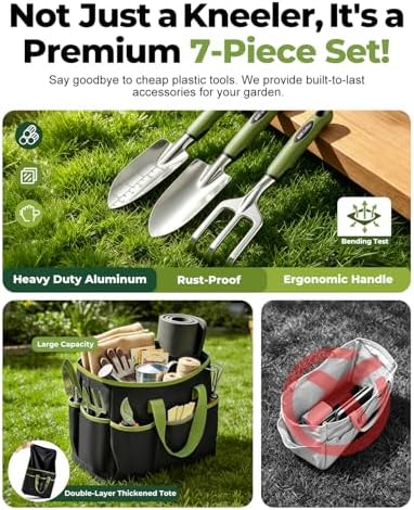Garden Stool & Kneeler 7-Piece Set with 3 Aluminum Tools, Double-Layer Tote Bag & 2 Side Pouches - Foldable Gardening Bench Kit - Ideal Gifts for Women Mom Seniors (Light Green) - Image 4