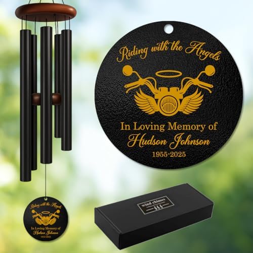 Personalized Motorcycle Memorial Wind Chime – “Riding with The Angels” Custom Name & Years – Engraved Biker Tribute Gift – Outdoor Sympathy Remembrance Windchime for Motorcyclists and Loved Ones Lost by AlpadilCo