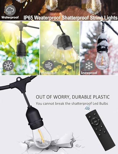 100FT Outdoor String Lights Remote Control Patio Lights Waterproof Commercial Grade, 30+2 Replaceable Dimmable Edison Bulbs, Black 1Pack, Linkable, Hooks and Zip Ties Included - Image 5