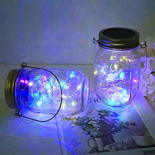 Solar Mason Jar Lid Lights, 10 Pack 30 LED Waterproof Firefly Fairy Lights with Hangers(No Jars), Outdoor Starry String Lights for Patio Yard Garden Wedding Lantern Decor (Colorful-with hanger) - Image 5