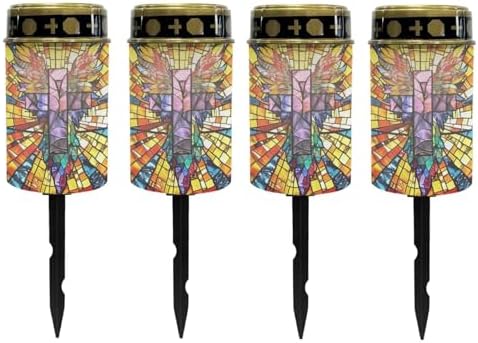 Poceacles Cross Solar Pathway Lights Outdoor Grave Solar Lights Outside Waterproof Cemetery Flameless Candles Outdoor Solar Candle Grave Markers Eternal Decor, Gothic Wings Cross, Pack of 4 by Poceacles