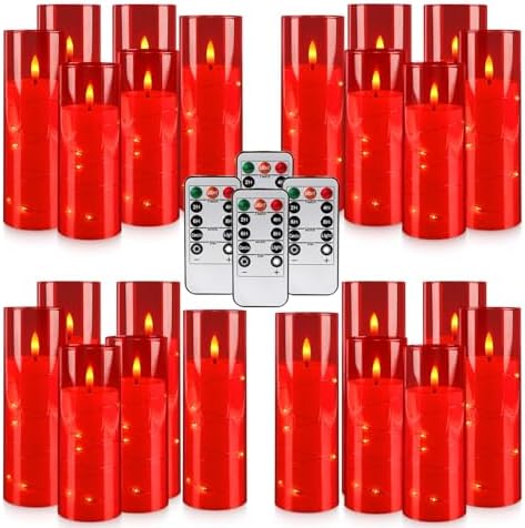 24-Pack Flameless LED Candles with Star String Lights - Red Acrylic Pillar, Realistic Flickering, Remote Control & Timer for Home Decor, Wedding, Christmas - Image 3