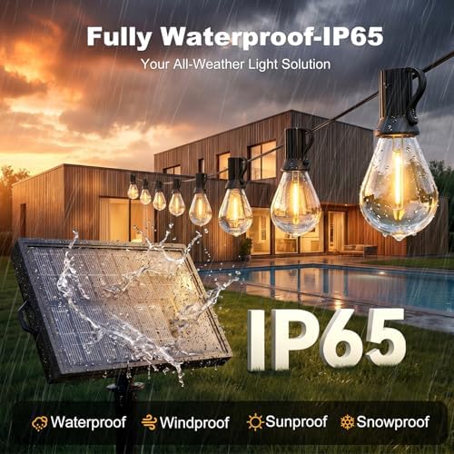 100FT Solar String Lights Outdoor, IP65 Waterproof Shatterproof Dimmable LED Bulbs, Solar & USB Powered, 20+ Hrs Long Lasting, Hanging Lights for Outside Patio, Backyard, Garden, Wedding, Party Decor - Image 4