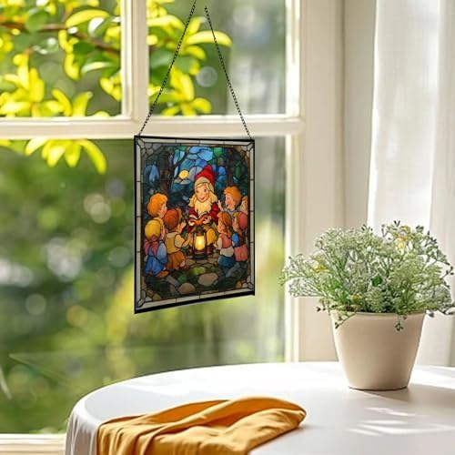 Gnome Storyteller Stained Glass Suncatcher – Square Hanging Window Panel for Home, Garden, Nursery, Halloween, Christmas, Memorial Day – Whimsical Glass Art Gift for Gnome Lovers fnnzk7 - Image 3