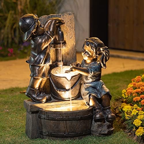Glitzhome Outdoor Water Fountain with LED Light, Children Playing with Faucet Waterfall Fountains, Antique Bronze Resin Boy and Girl Statue Outdoor Waterfall Fountain for Patio Backyard Garden, 25”H by Glitzhome