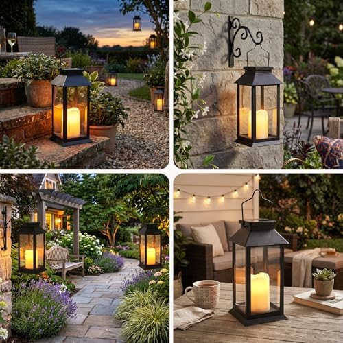 Tomshine 2 Pack Solar Flame Lanterns Outdoor Weatherproof, Hanging Black Rust-Proof Solar Lantern with Tempered Glass Shade, Flickering Flameless Candles for Patio Garden Decor - Image 7