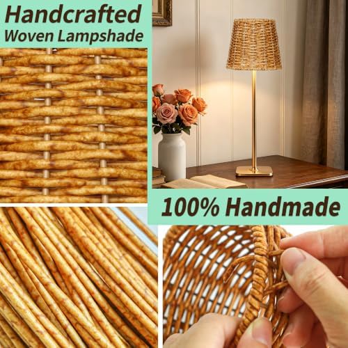 Mr.White Outdoor Waterproof Rechargeable Cordless Table Lamp with Wicker Shade, Battery Operated Table Light with Touch Control, for Patio Restaurant Kitchen (Gold 2 Pack) - Image 2