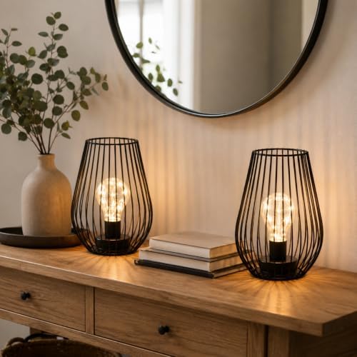 TRIROCKS Metal Cordless Table Lamp - 8'' Tall Set of 2 Cage Shape Battery Operated Lamp with Fairy Lights Bulb for Indoor/Outdoor Use Perfect for Christmas Garden and Weddings (Black,Set of 2) - Image 4