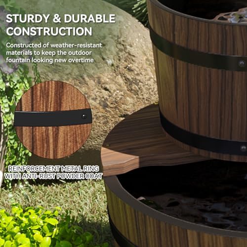 Aoxun 2-Tier Outdoor Water Fountain, Wood Barrel Cascading with Electric Decorative Hand Pump, Rustic Waterfall Fountain for Garden, Backyard, Patio, Porch, Yard - Image 6