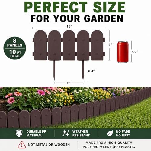 Evelyne Garden Border Plastic Edging: Wooden Fence Design - 8pcs Brown Yard Landscaping Fence Liner Lawn Edge Barrier - 10ft Kit of Decorative Lawn Panels Elements -Landscaping Edging-GMT-10374-A08 - Image 4