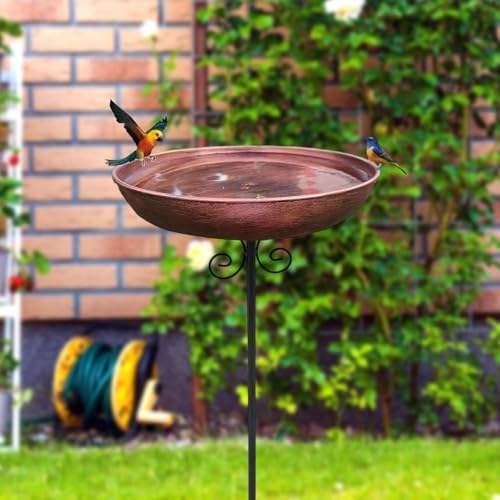 Iron Birdbath with Garden Stakes 31.89 Inch Copper Drinking Feeder Tray Food Water Bowl for Courtyard Yard Hummingbird - Image 2