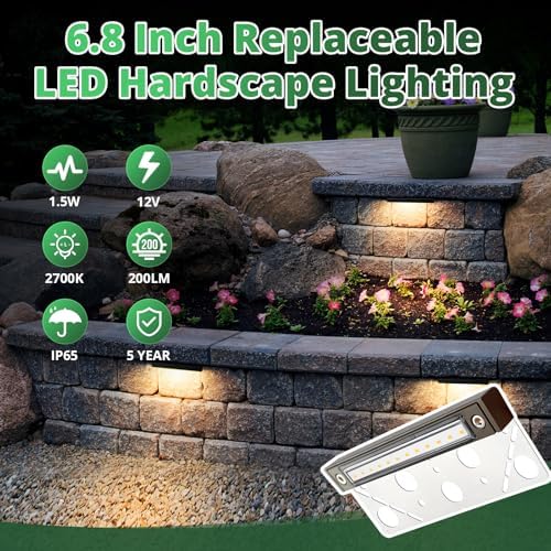GKOLED 4-Pack Replaceable 6.8" LED Hardscape Lights, Low Voltage Retaining Wall Light, Paver Wall Hardscape Lighting, Outdoor Landscape Step Lights, 12VAC/DC 1.5W 2700K, Die-cast Aluminum Housing - Image 4