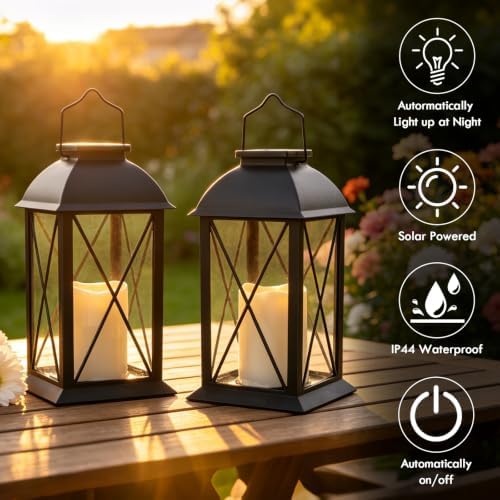 Solar Lanterns Outdoor Waterproof 2 Pack Black Hanging Lights with Candles - Image 4
