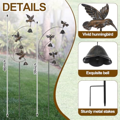 Moxweyeni 2 Pcs Metal Large Hummingbird Bee with Bell Garden Stake Yard Art - Image 2