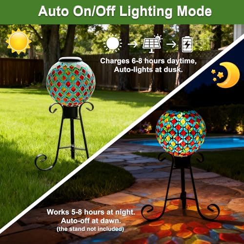 VOREEN 8" Solar Mosaic Glass Garden Ball, IP45 Waterproof Globe Yard Light, Automatic Dusk-to-Dawn Colorful Landscape Lamp for Patio Lawn Pathway Outdoor Decoration - Image 3