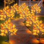 Uieke 4PCS Solar Fall Lights Outdoor Decorative, 34" Fall Decor with Acorn Maple Leaf, 40LED Each with 8 Modes & Timer, Waterproof Maple Leaves Tree Lights for Yard Pathway Thanksgiving Decor by Uieke