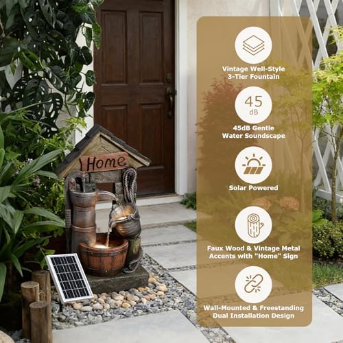 28.7" H Solar Outdoor Water Fountain,3-Tier Solar Powered Rustic Barrel Pump Water Fountain Cascading Waterfall Fountains Outside for Garden, Patio, Backyard, Porch/Two Placement Options - Image 3
