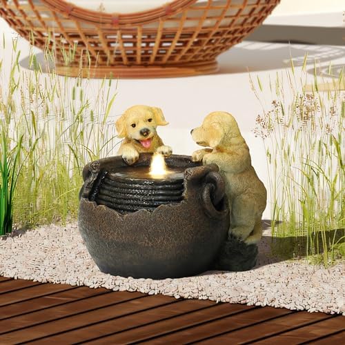 LuxenHome 16 Inch Puppies Resin Outdoor Water Fountain with LED Lights - Image 6