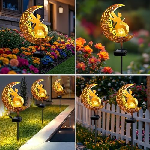 2 Pack Solar Garden Lights Waterproof, Pathway Stake Lights, Gift for Women Mom Grandma Wife Daughter, Moon Fairy Glass Globe with Angel Decor, Outdoor Decor Lights for Walkway Yard Lawn Patio Garden - Image 7