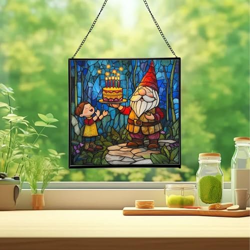 Gnome with Birthday Cake Stained Glass Suncatcher – Square Hanging Window Panel for Home, Garden, Nursery, Halloween, Christmas, Memorial Day – Whimsical Glass Art Gift for Gnome Lovers ttxab9 - Image 2