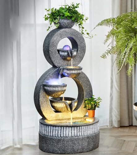 Tiered Ring Water Fountain with Planter and LED Lights – Indoor/Outdoor Decorative Waterfall for Home, Garden, or Patio(Large) - Image 5