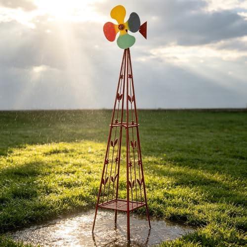 6.2ft Metal Garden Windmill for Yard - Garden Decor Wind Spinners Outdoor, Large Colorful Whirligig Spinners Wind Sculpture Weather-Resistant for Patio Farm Coastal Areas Red - Image 2