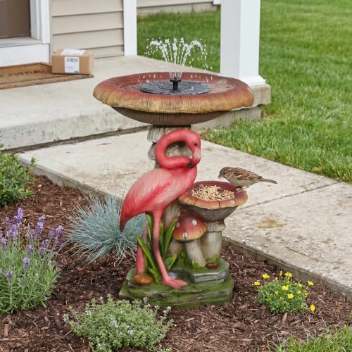 2-in-1 Solar Bird Bath and Wild Bird Feeder, Freestanding Flamingo Garden Statues Outdoor Decor, Solar Water Fountain with Shallow Basin for Small Birds Backyard Patio Ornament, 22.2" H - Image 6