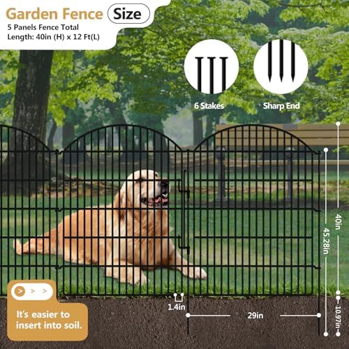 5 Panels Garden Fence Animal Barrier with Lock, 40in (H) x 12ft (L) Dog Fences Outdoor for Yard No Dig Rustproof Decorative Tall Metal Panel Border Rabbits Temporary Ground Stakes Fencing - Image 2