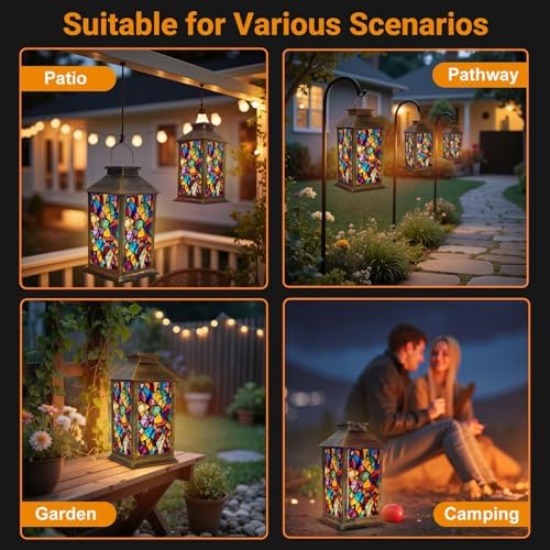 Solar Lantern Outdoor Waterproof Colorful Stained Glass Abstract Mosaic Vibrant Patterns Garden Decor LED Hanging Solar Lights Tabletop Lamp Gifts for Women Mom Outside Yard Patio Porch - Image 6