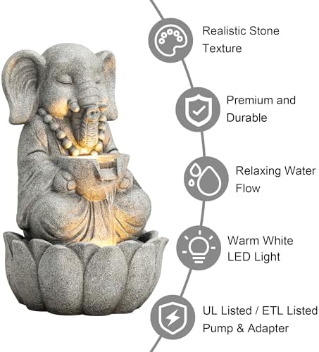 Glitzhome Outdoor Fountains and Waterfalls Zen-Style Concrete Resin Elephant Water Fountains with LED & Pump, Garden Patio Water Fountain Yard Fountain 2 Tier Floor Waterfall for Backyard Lawn 22" H - Image 4
