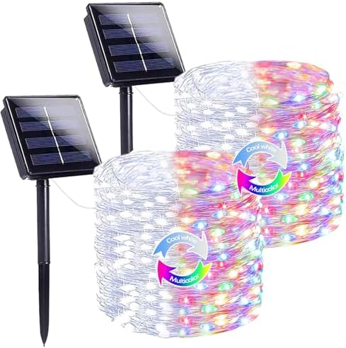 Solar Fairy Lights, 2 Pack Total 400LED 144FT Cool White to Multicolor by SANJICHA