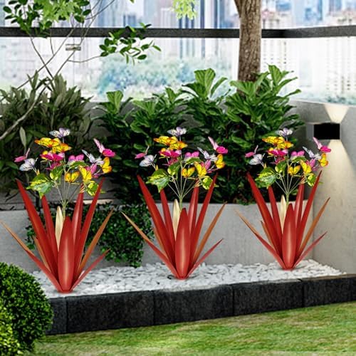 TOMBABY Garden Outdoor Butterfly Enlarge Thickened Wind Resistant Metal Agave Garden Art Metal Plant Country Sculpture Statue Decorations Ornaments Artificial Waterproof Butterflies(red 2pcs) - Image 5