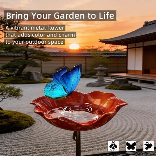 Handmade Metal Flower Garden Stake Bird Bath Bee Butterfly Pollinator Watering Station Hummingbird Bowl Outdoor Decor Resistant Resin LawnYard Planter (5, Yellow) - Image 5