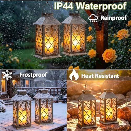 2 Pack 14" Large Tempered Glass Solar Lanterns Outdoor Waterproof, Bronze - Image 7