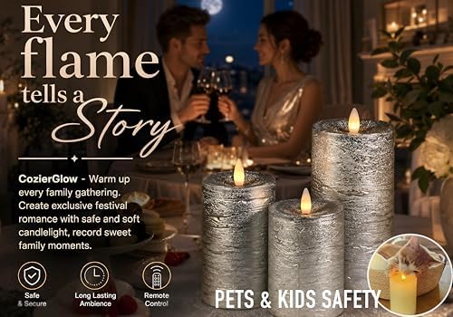 Shiny Metallic Silver Flameless Pillar Candles, Patented 3D Realistic Moving Flickering Flame with Remote Timer, Battery Operated 400hrs for Wedding, Holiday, Party, Decor, Gift(Set of 3) - Image 3