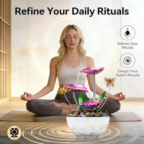 11'' H Pink Tabletop Water Fountain, with LED Light, Zen Desktop Waterfall, Indoor Lotus Desktop Decorative Fountain, Home Bathroom Bedroom Decor. - Image 3