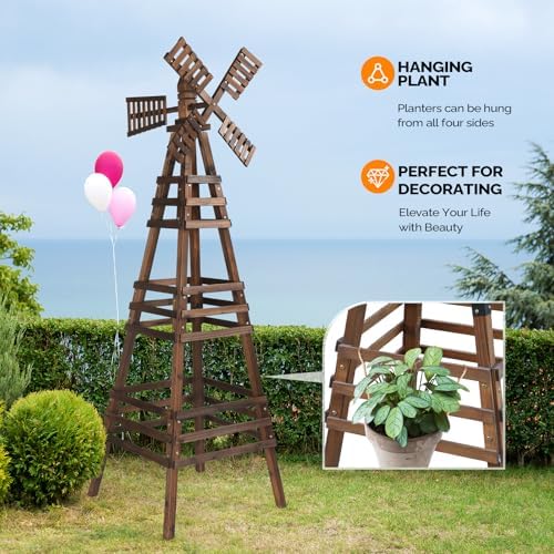 Wooden Windmill, Weather-Proof Wind Spinner, Outdoor Wind Mill for Garden Lawn Patio Decoration (Carbonized, Large) - Image 5