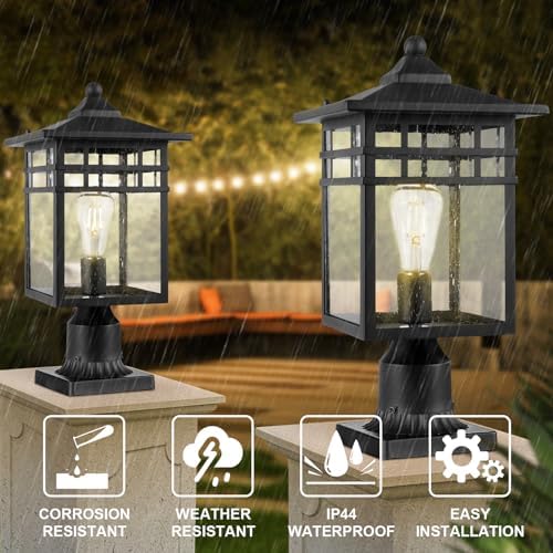 Outdoor Post Light Fixture, Large Exterior Pillar Lantern with Black Finish & Seeded Glass, 9 Inch Square Pier Mount Lamp for Garden, Backyard, Courtyard, Patio, Deck, Pathway, Walkway - Image 2