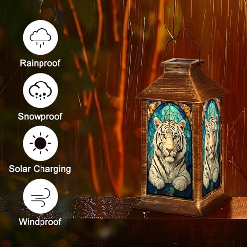 Solar Lantern Stained Glass White Tiger Green Eyes Wildlife Artwork Outdoor Waterproof Hanging Solar Light Outside Lights for Patio Yard House Lawn Decor Birthday Gifts for Women Mom - Image 5