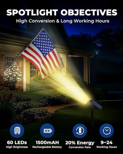 HGGH Solar Lights Outdoor Waterproof IP67, 60 LED 3 Lighting Modes Solar Spot Lights Outdoor for Yard Garden Pathway Landscape, Auto On/Off, Function 2 in 1(Warm White, 4 Pack) - Image 4