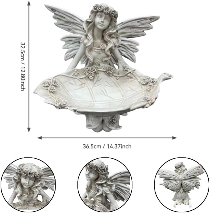 12.80" Garden Fairy Figurine, Resin Angel Bird Feeder Statue with Leaf Tray - Image 2