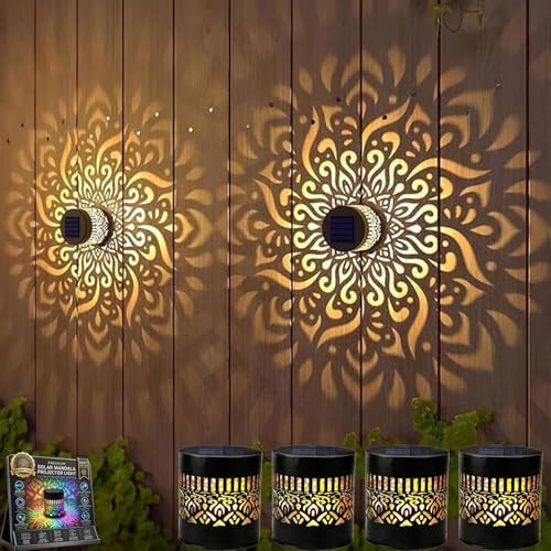 Mosaic Solar Lights Outdoor Mandala Gardening Decorative Cottage Garden Light Disc Illuminated Disk Projector Mandela Wall Color Changing Lamp Powered Colorful Decor Projection Theme LED(#A,4PCS) by Unknown