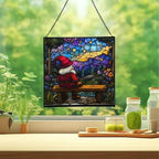 Gnome Stargazer Bench Stained Glass Suncatcher – Square Hanging Window Panel for Home or Greenhouse – Whimsical Glass Art Gift for Garden Lovers, Christmas, Halloween, Father Days RnUNeB - Image 2