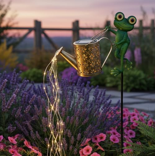 Solar Watering Can, 32 Inch Automatic Outdoor Solar Lantern with Warm LEDs, Weather-Resistant Yard Decor, Frog Hanging Lights for Outside - Image 5