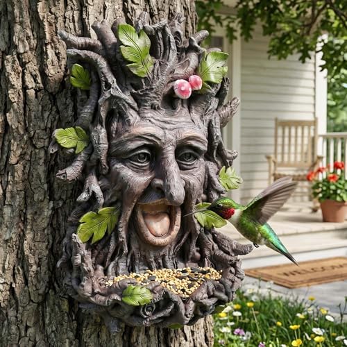12" Real Tree Face Hugger Statue, Outdoor Garden Resin Bird Feeder Sculpture with Foliage Features, Fairy Elve Accent Yard Art, Halloween Trees Decorations Outdoor Wall Mounted Statue by EuirostWelcometovisit